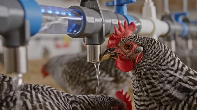 Mechanized feeding of chickens with red combs and wattles inside an industrial barn, illuminated lights, efficiency and health