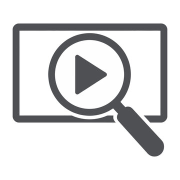 Vector icon of a magnifying glass over a screen with a play button