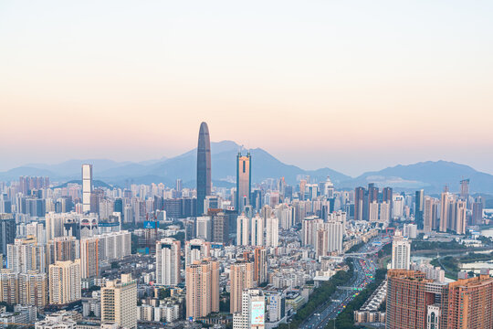 The skyline of Futian District, Shenzhen at dusk