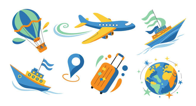 Flat Vector Icons of Travel Transportation and Globe for Tourism