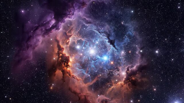 Deep space nebula with glowing stars and vibrant purple and orange cosmic dust clouds swirling in a vast galaxy formation cinematic science fiction