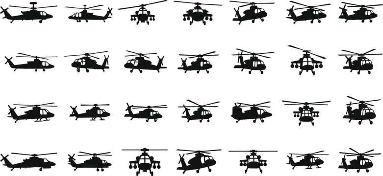 Collection of helicopter silhouettes, military and civilian aircraft icons, air force, white background
