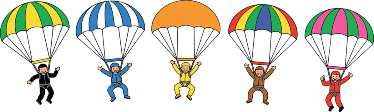 Happy diverse skydivers parachuting in colorful jumpsuits and striped parachutes flat vector character set