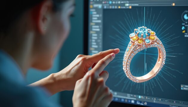 Jewelry maker designs ring on computer screen. Person uses cad software for digital jewelry creation. Close up hands touching monitor display showing 3d model.