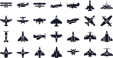 Diverse airplane silhouettes, aircraft icons for aviation and travel, fighter jet, white background © anowara