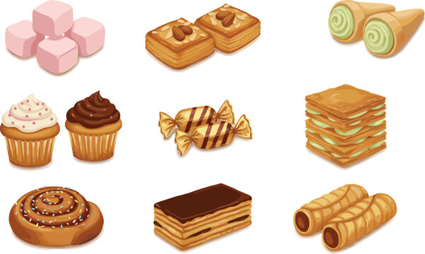 Gourmet dessert and pastry collection featuring cupcakes baklava cinnamon rolls and wafers flat vector set