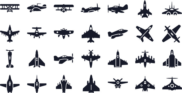 Diverse airplane silhouettes, aircraft icons for aviation and travel, fighter jet, white background