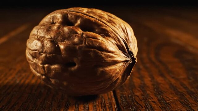 Close up view of a brown walnut shell resting on a rustic wooden surface with deep shadows