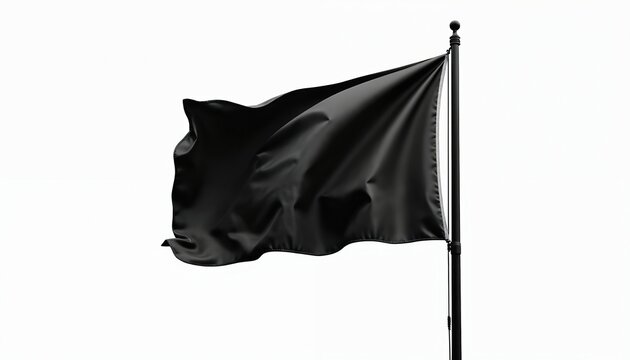 Black flag waves on flagpole against stark white background. Minimalist, symbolic, and dramatic design conveys power and anonymity. Clean composition highlights fabric texture in motion.