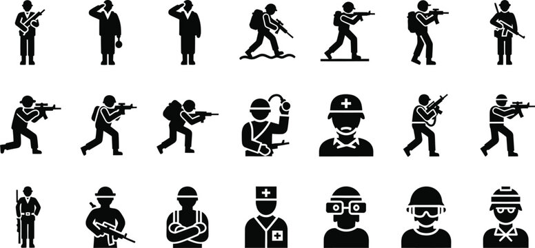 Military and medical personnel icons set. soldiers, doctors, and first responders silhouettes, first aid