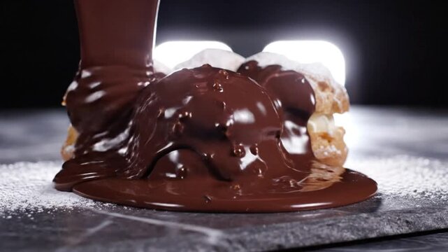 Luxurious chocolate sauce slowly pouring over a pile of cream puffs, dusted with powdered sugar, on marble