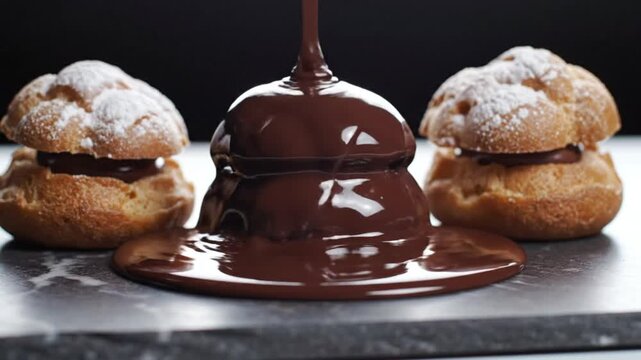 Luxurious chocolate dessert: Delightful cream puffs being doused with melted chocolate, ready to be enjoyed