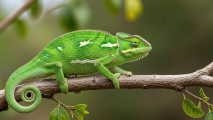 Fototapeta premium A green chameleon on a tree branch against a soft tropical background. Banner with copy space ideal for wildlife, nature and educational concept.