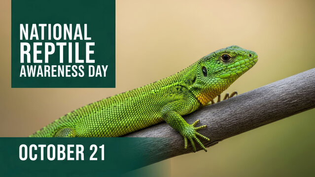 National Reptile Awareness Day, October 21 poster featuring green lizard on a tree branch. Nature wildlife conservation concept.