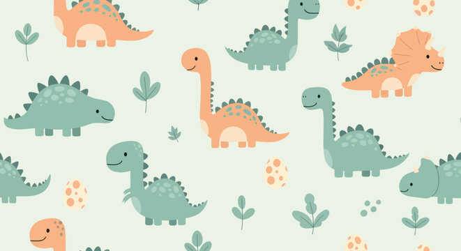 Cute Cartoon Dinosaurs Seamless Pattern, Flat Vector Style