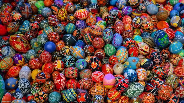 Numerous bright colorful pysankas with diverse symbolic elements. Ukrainian traditional egg decoration for Easter.
