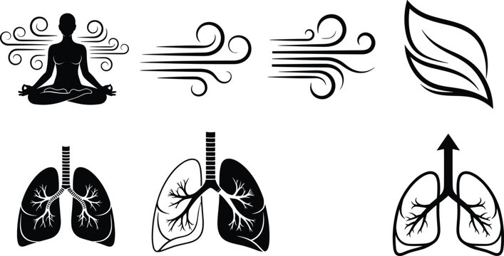 Human lungs breathing system vector silhouette collection with meditating person wind icons and respiratory health anatomy icons for flavector brand.