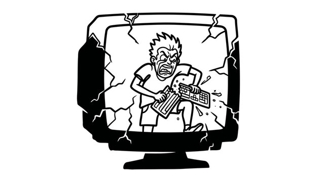 Minimalist Broken Monitor with Rage Gamer Cartoon Line Art, Monochrome Vector Illustration of Gaming Rage Quit