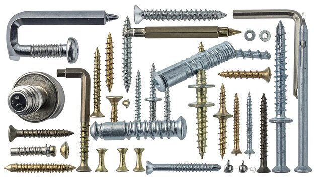 A flat-lay assortment of various metallic fasteners, including screws, bolts, and connector elements, isolated on a white backdrop