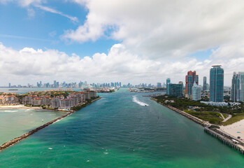Miami Beach. Miami Beach city from top. South Beach from above. Drone of coastline scene. Shore of...