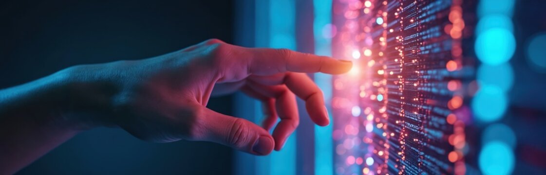Human hand touches glowing digital data stream. Person interacts with complex network, future technology, virtual interface. Futuristic innovation, connection, insight.