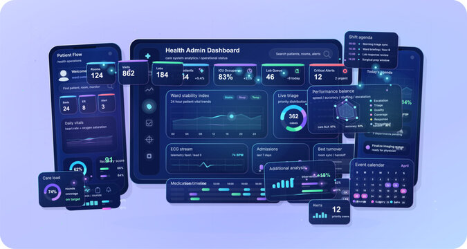 Modern healthcare admin dashboard interface set with tablet and mobile screens showing patient flow, triage, vitals, scheduling, alerts, and hospital analytics in pastel neon style.
