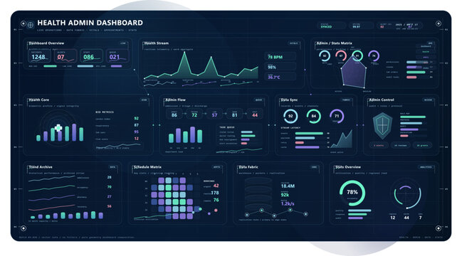 Futuristic health admin dashboard with hospital operations metrics, vitals telemetry, scheduling matrix, alerts, occupancy analytics, and dark neon medical monitoring panels for healthcare data manage