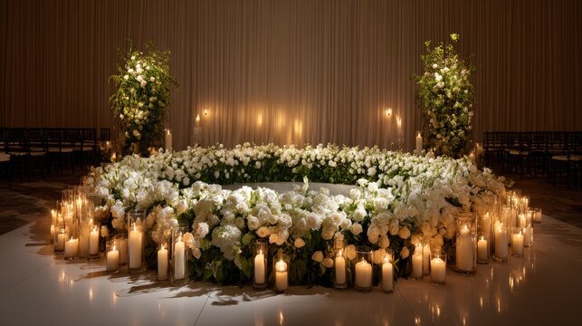 Lavish arrangement of white flowers and numerous burning candles creates an elegant focal point indoors.