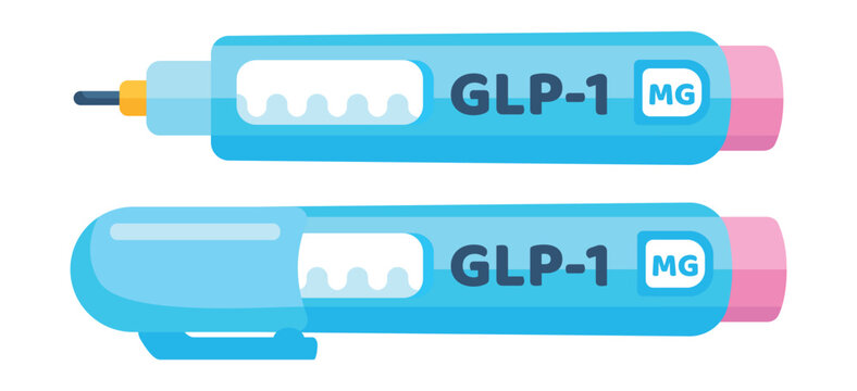 GLP 1 injection pen hand drawn vector illustration. Diabetes medication or insulin syringe isolated on white