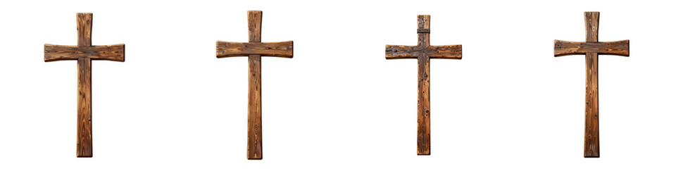 Fototapeta premium Collection of wooden crosses standing against a black background with nails
