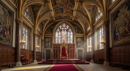 Fototapeta premium Grand hall interior with ornate architecture and stained glass windows