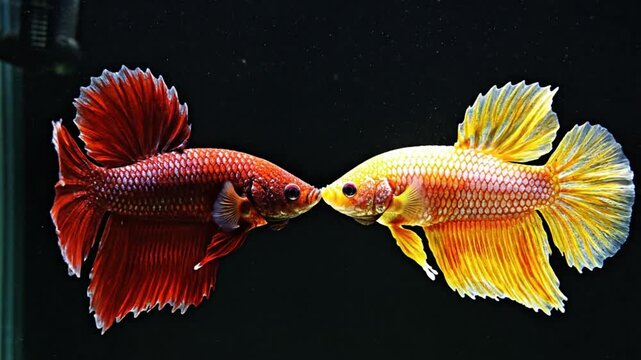 Two colorful betta fish nose to nose with open fins in a dark aquarium creating a beautiful aquatic scene
