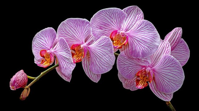 Cluster of striped pink moth orchids displays intricate detail against a dark background