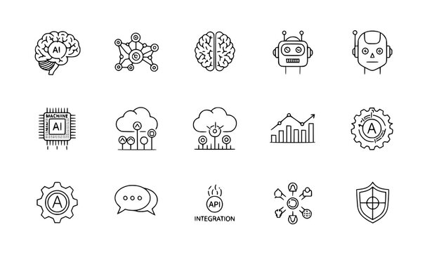 AI and technology thin line icon set artificial intelligence vector collection