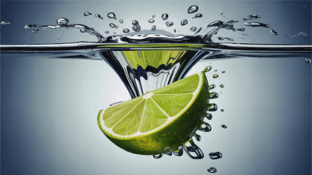 Fresh lime slice splashing into clear water, citrus fruit underwater with bubbles, refreshing summer beverage background