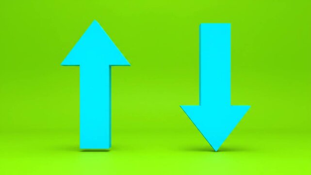 Up and Down Arrows in Turquoise Blue on a Lime Green Background Demonstrating Concepts of Progress and Decline