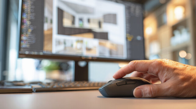 Close-up of a hand using a computer mouse at a modern workstation, with a blurred screen displaying design software and code, highlighting digital work and creative workflow. Selective focus.