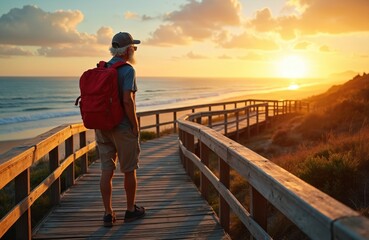 Fototapeta premium Elderly man with red backpack walks on wooden boardwalk by ocean. He watches sun setting over sea horizon. Golden hour light illuminates scenic coastal path, creating peaceful atmosphere.