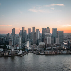 Fototapeta premium Sunset Aerial Canary Wharf skyline - modern London financial district