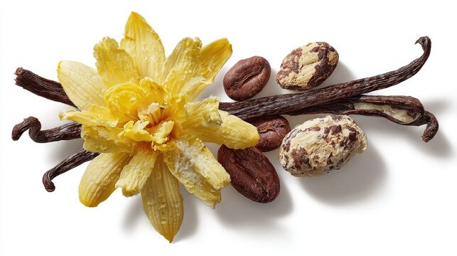 A yellow orchid blossom rests beside dried vanilla pods and cacao beans on a white background