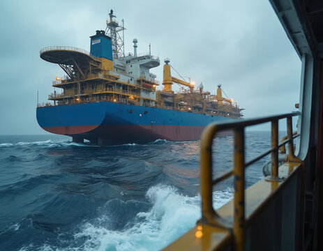 Massive industrial ship sails on rough sea. Floating production storage vessel processes crude oil and natural gas offshore. Helideck visible on top deck.