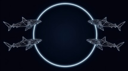Four low poly wireframe sharks swim around a central glowing neon ring on a dark background