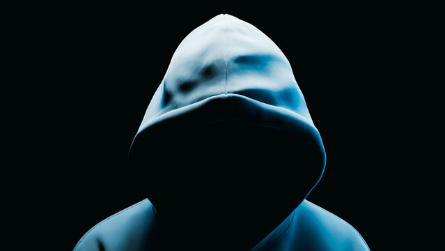 Anonymous hacker in dark hoodie. 3d rendering