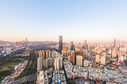 The skyline of Futian District, Shenzhen at dusk