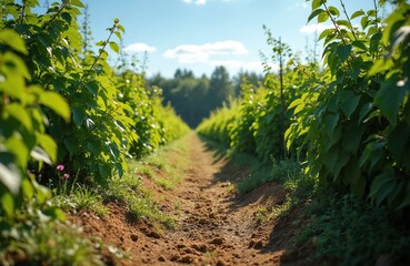 Fototapeta premium Rows of green currant bushes line a dirt path through a sunny garden. Lush plants reach towards a bright blue sky with clouds. Verdant foliage creates a natural, rural scene.
