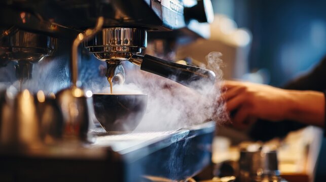 Medium shot of barista steaming milk on an automatic espresso machine focused frothing action creating microfoam with kitchen tools subtly out of focus behind.