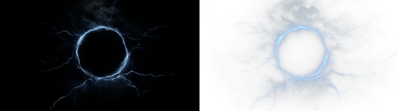 Circular electric energy formation with blue lightning on transparent background during daytime