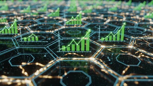 Abstract stock market green charts on hexagonal grid financial growth and economic success visualization