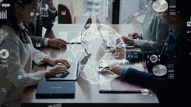A group of business people conversing in an office and a conceptual image of global business.