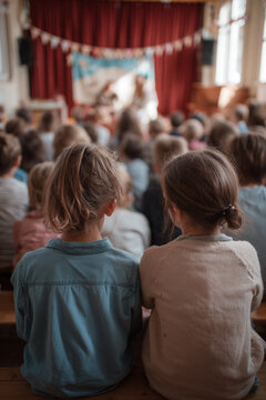 Kinder schauen sich gespannt ein Theaterst&uuml;ck an